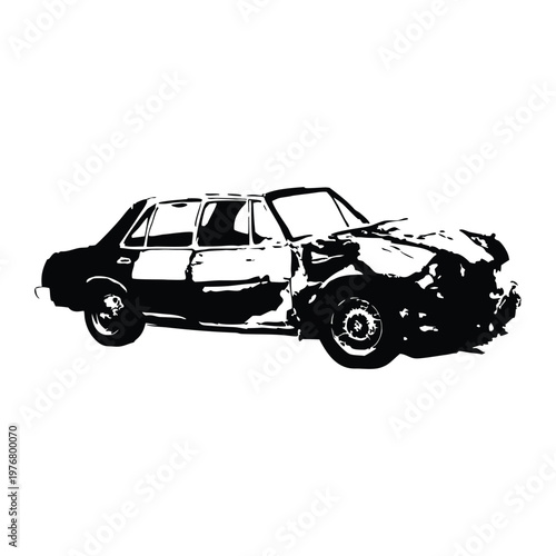 Vintage retro illustration of wrecked car damaged vehicle black and white grunge style vector art