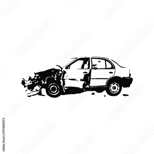 Vintage retro illustration of wrecked car damaged vehicle black and white grunge style vector art
