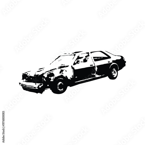 Vintage retro illustration of wrecked car damaged vehicle black and white grunge style vector art