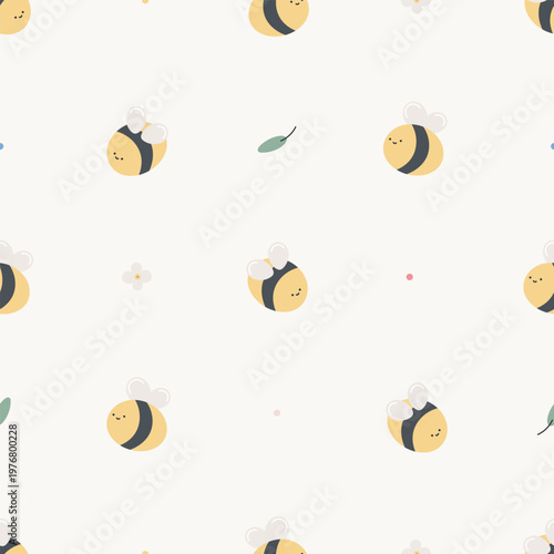 Seamless pattern with cute bee. Isolated cartoon flat background. For card, posters, banners, books, printing on the pack, clothes, fabric, wallpaper, textile or dishes.	
