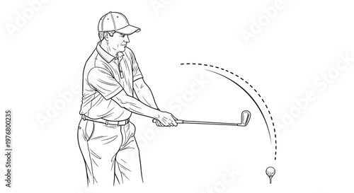 Golfer swings club hitting ball on tee outdoors in action