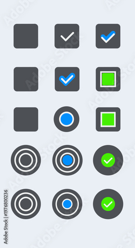 Collection of various checkbox and radio button icons in different states of selection and design.