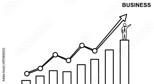 A person stands triumphantly on a growing bar graph with an upward trend line, symbolizing business success and growth.