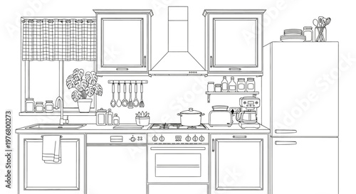 A detailed line drawing of a modern kitchen with various appliances and fixtures including tyujjk elements inside