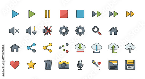A comprehensive collection of flat design icons representing various functions and actions, including media playback, settings, and social sharing.