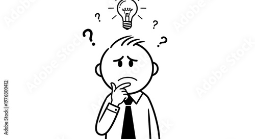 Confused man in a business shirt and tie having an idea with question marks