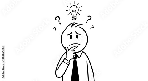 Man in a suit thinks with a worried expression and a lightbulb idea