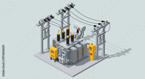 Electrical substation infrastructure with towers and equipment outdoors