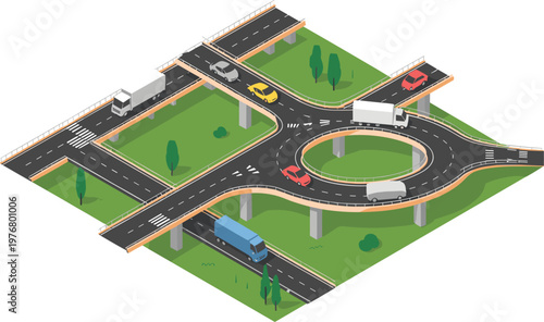 Isometric highway interchange with roundabout and multilayer roads for urban transport design