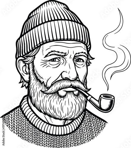 Hand Drawn Fisherman Portrait with Pipe Vintage Engraving Vector Illustration
