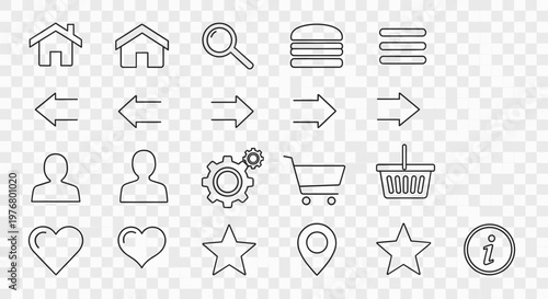 A collection of simple, outline-style icons representing common user interface elements and actions, arranged in a grid on a transparent background.