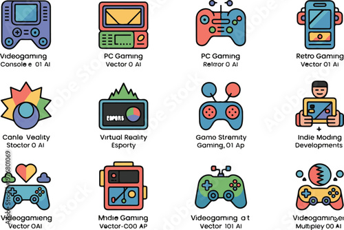 Colorful gaming icons collection featuring various platforms and trends in modern gaming culture