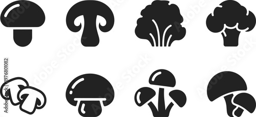 Minimalist black mushroom icon set in flat design for food, nature, and app use