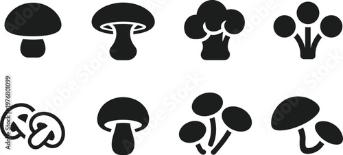Minimalist black mushroom icon set in flat design for food, nature, and app use