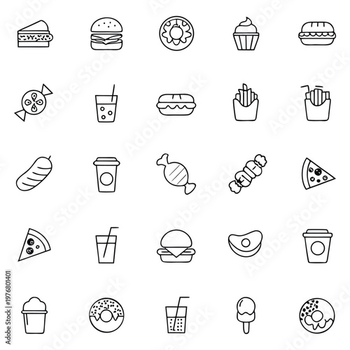 Fast food icons set. Thin line vector illustration restaurant delivery snacks drinks. Burger, pizza, sandwich, hot dog, soda, sweets