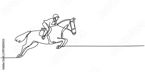 Equestrian, horse riding, continuous line art, minimalist vector illustration, jumping horse