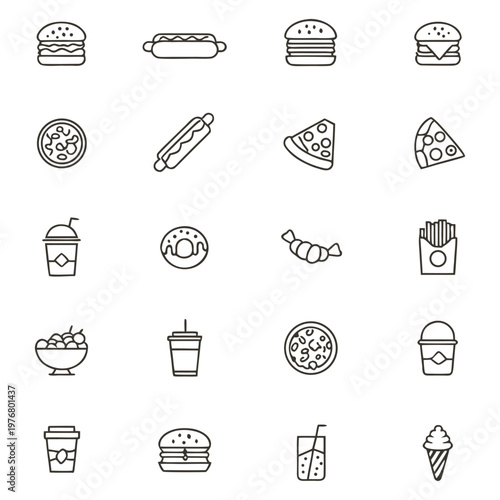 Fast food icons set. Thin line vector illustration restaurant delivery snacks drinks. Burger, pizza, sandwich, hot dog, soda, sweets