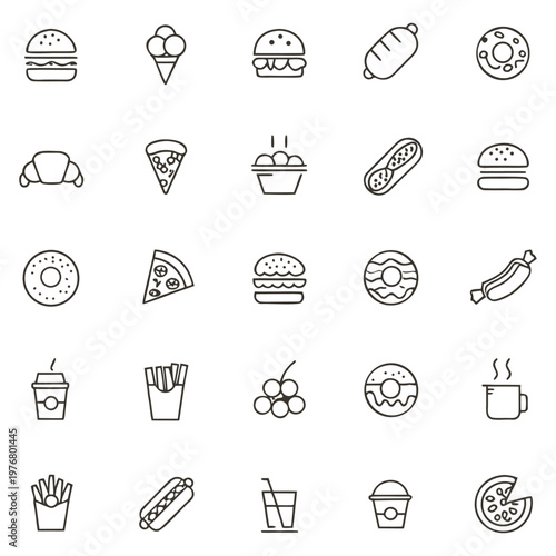 Fast food icons set. Thin line vector illustration restaurant delivery snacks drinks. Burger, pizza, sandwich, hot dog, soda, sweets