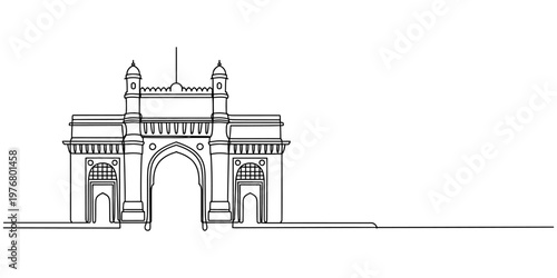 continuous one line drawing Gateway of India, Mumbai landmark, vector illustration, black and white, iconic architecture