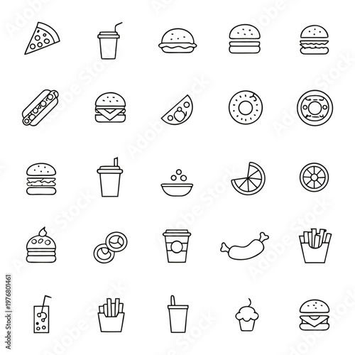 Fast food icons set. Thin line vector illustration restaurant delivery snacks drinks. Burger, pizza, sandwich, hot dog, soda, sweets