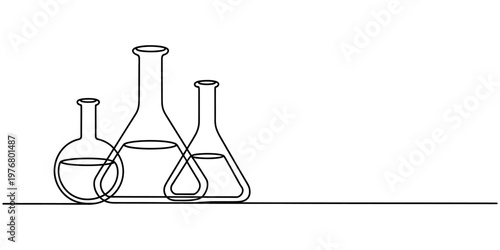 continuous one line drawing Laboratory equipment, science lab glassware, beakers and flasks, vector line art