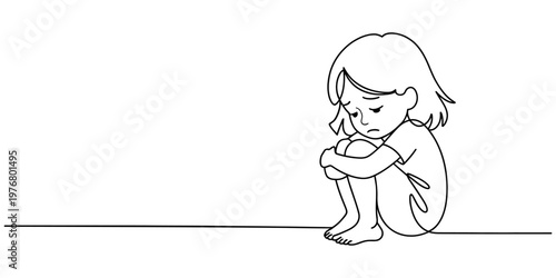 continuous one line drawing Sad girl, line drawing, minimalist illustration, vector artwork, emotional expression