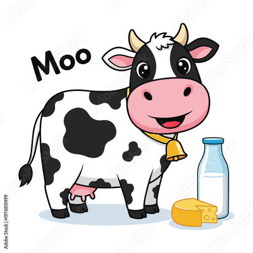Cute cartoon cow with milk bottle and cheese, happy farm animal illustration