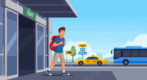 Young man walking with red backpack.