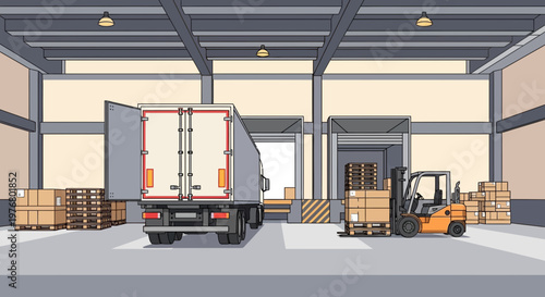 Forklift truck moving wooden pallets.