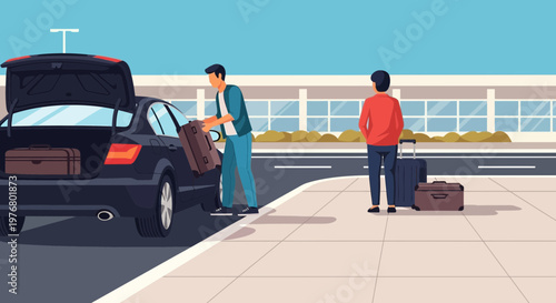 Man and woman with luggage standing.