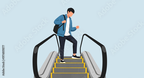 Man going up the escalator stairs.