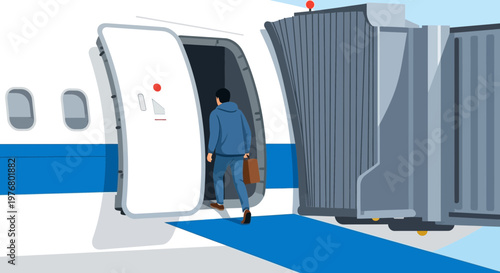 Man exiting airplane with luggage.