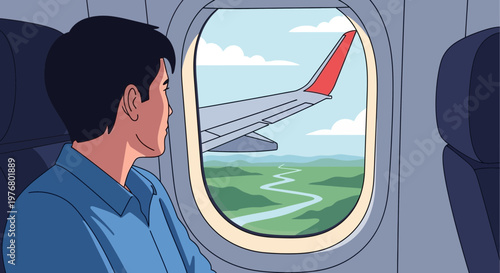 Man looking out airplane window seat.