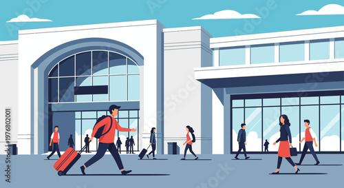 People walking with luggage outside building.