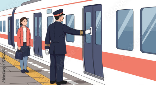 Train Conductor Opening Door For Passenger.