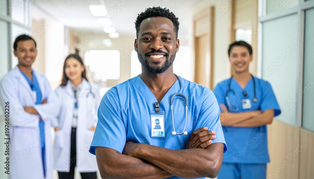 Fototapeta premium Medical team standing in hospital corridor with confident male nurse in foreground
