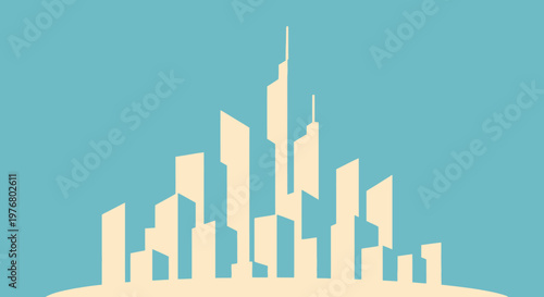 Modern City Skyline Silhouette with Tall Buildings and Skyscrapers on Blue Background