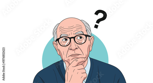 Elderly man with glasses and a bald head touching his chin while thinking deeply with a black question mark symbol above him.