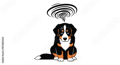Bernese Mountain Dog puppy sitting and looking confused or dizzy with a large black swirl graphic floating above its head.