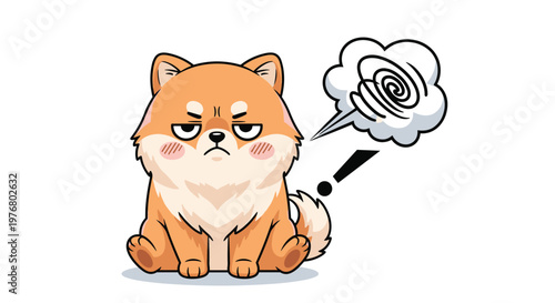 Angry Shiba Inu dog sitting with an annoyed expression and a swirl symbol inside a thought bubble representing frustration.
