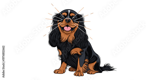 Cheerful black and tan Cavalier King Charles Spaniel dog sitting happily with its tongue out and glowing light lines around.