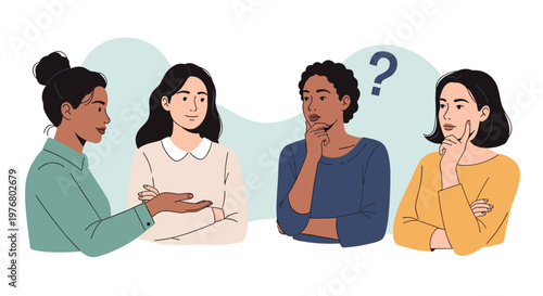 Group of four diverse women of different ethnicities having a discussion or expressing confusion with a question mark icon.