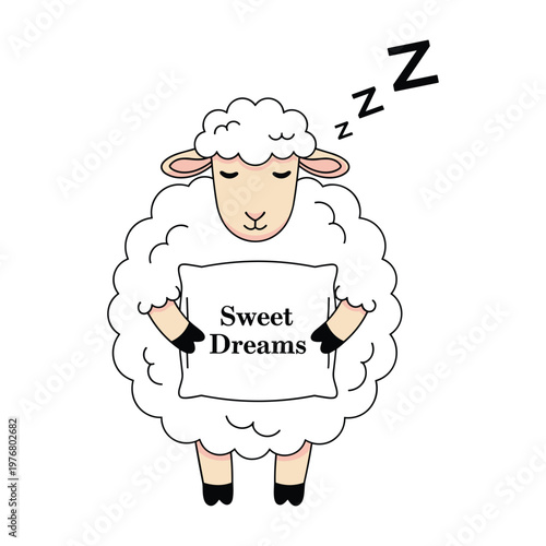 Cute cartoon sheep sleeping with pillow and 'Sweet Dreams' text, isolated on white.