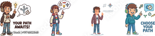 Teenager collection with headphones smiles and points upwards, wearing casual outfit with sneakers. Concept of choice, direction, guidance, motivation, and confidence. Cartoon vector illustration. 