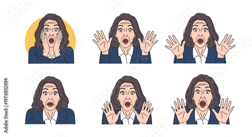 Series of six portraits of a woman in a dark suit showing intense expressions of shock, surprise, and fear with her hands.