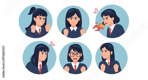 Set of six circular portraits of a schoolgirl with dark hair showing diverse variations of anger and extreme frustration.