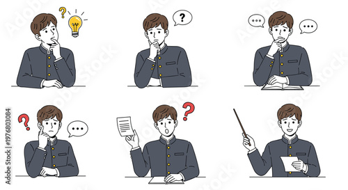 Collection of illustrations showing a male student in a dark uniform at his desk expressing deep thought and successful ideas.