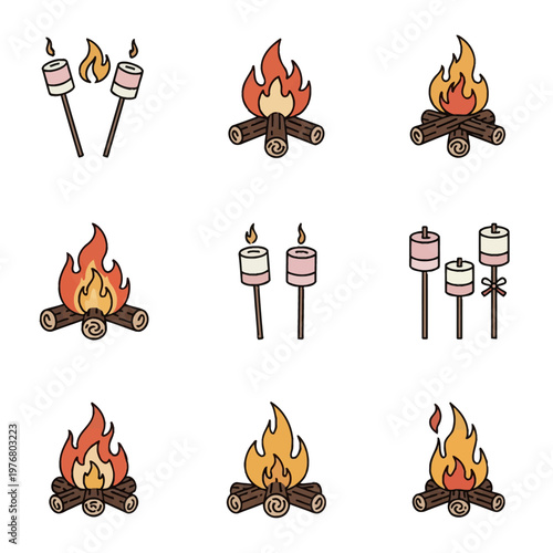 Vector illustration set of campfire icons with burning logs and roasted marshmallows on sticks. Collection featuring flat design elements of wood fires and sweet snacks for camping.
