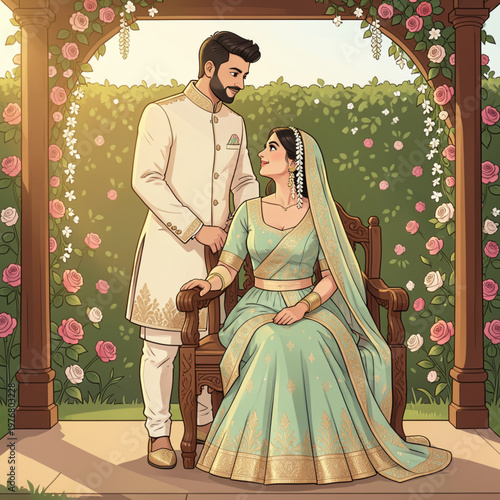 Couple in Garden Pavilion with Rose and Jasmine Hedges