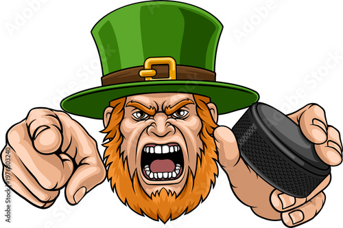 An angry Leprechaun Celtic Irish cartoon character holding hockey puck and pointing ice hockey sports team mascot illustration.